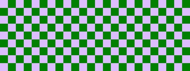 Fototapeta premium Checkerboard banner. Green and Lavender colors of checkerboard. Small squares, small cells. Chessboard, checkerboard texture. Squares pattern. Background.