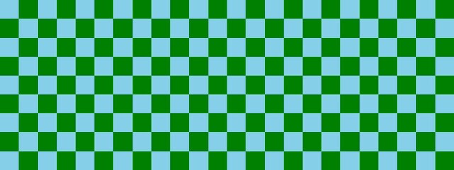 Checkerboard banner. Green and Sky blue colors of checkerboard. Small squares, small cells. Chessboard, checkerboard texture. Squares pattern. Background.