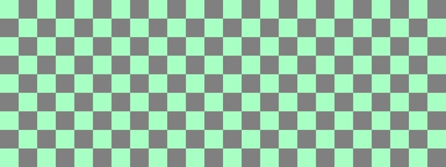 Checkerboard banner. Grey and Mint colors of checkerboard. Small squares, small cells. Chessboard, checkerboard texture. Squares pattern. Background.