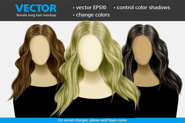 Change color base and color shadows. Female curly long hair mockup - 472123012