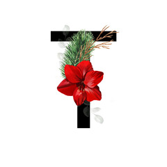 Capital letter T decorated with red amaryllis flower and pine twig. Letter of the English alphabet with christmas decoration.