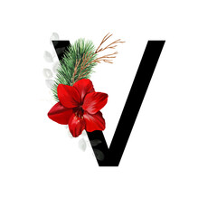 Capital letter V decorated with red amaryllis flower and pine twig. Letter of the English alphabet with christmas decoration.
