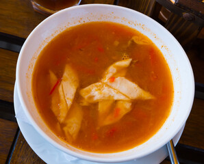 Uzbek cuisine, lagman soup with noodles, meat and vegetables
