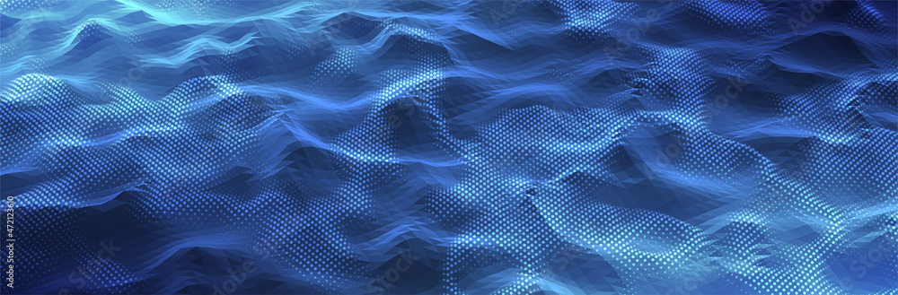 Poster abstract blue background. dark low poly triangle pattern. virtual computer landscape. technology sty