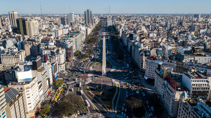 Obraz premium Aerial shot over 9 de Julio Avenue In Buen Aires, Argentina and 