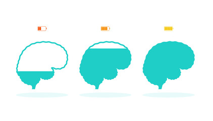 Recharge human brain. Vector illustration in flat design. Full, half full, empty battery energy in human mind concept. 