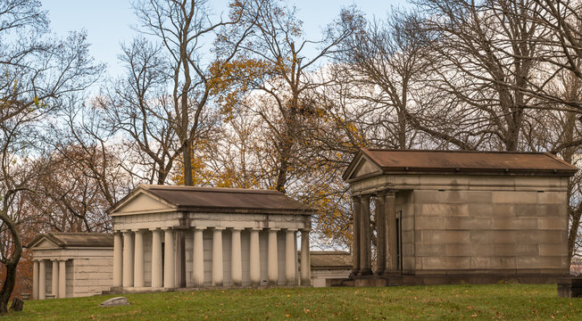 Mausoleums In The Homewood Cemetery In Pittsburgh, Pennsylvania, USA On A Late Fall Day