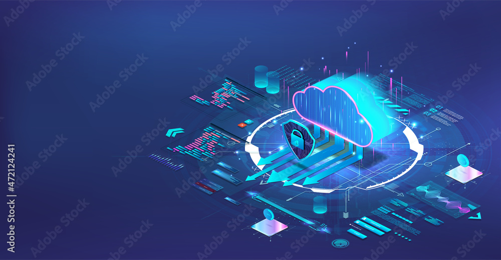 Poster Cloud storage and big data computing in isometric. Blue web banner with online server for big data processing and computing, cloud storage, saas, network computing technologies. Vector server database