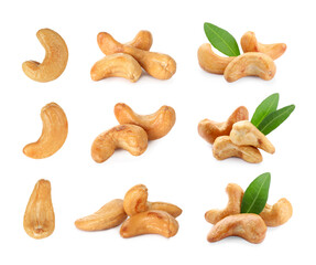Set with tasty cashew nuts on white background