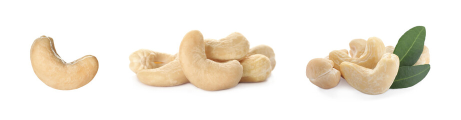 Set with tasty cashew nuts on white background. Banner design
