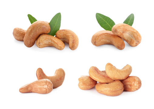 Set with tasty cashew nuts on white background