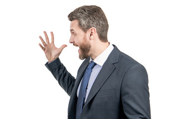 Fury boss man in formal suit yell gesticulating half-turn isolated on white copy space, yelling