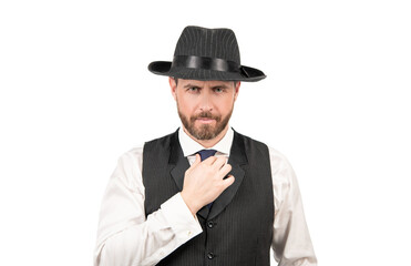 formal businessman isolated on white. confident and handsome guy in hat.