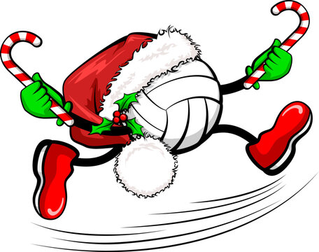 Volleyball Wearing A Santa Cap With Peppermint Sticks In Hands Running.