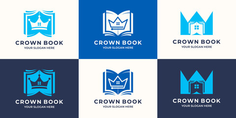 book crown combination logo for education and library inspiration