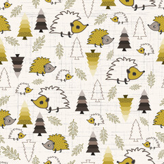 Nocturnal hedgehogs in the woods seamless pattern