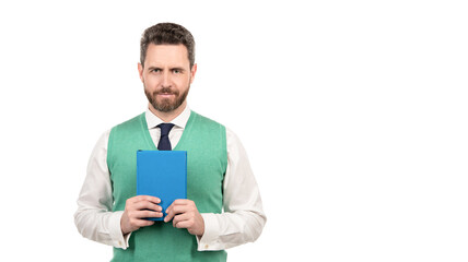 agenda. businessman hold notebook. successful ceo with notepad.