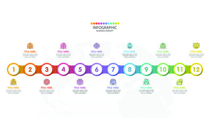 Basic timeline infographic template with 12 steps, process or options, process chart, Used for process diagram, presentations, workflow layout, flow chart, infograph. Vector eps10 illustration.