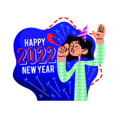 Fototapeta na wymiar Happy girl blowing a whistle celebrating new year 2022 flat vector illustration