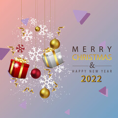 Merry Christmas and happy new year 2022 background with realistic white, red and gold trending decorations for christmas