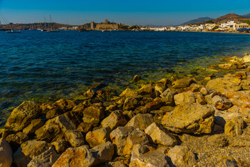 BODRUM, TURKEY: Landscape with a view of the Castle of St. Petra in Bodrum on a sunny day
