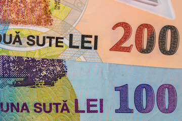 Detail photo of Romanian money, macro shot of Romanian LEI, close up photo of money. Business,...