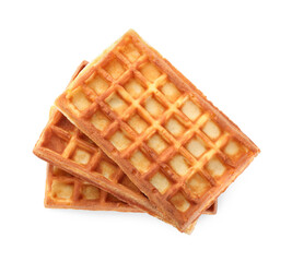 Delicious Belgian waffles on white background, top view
