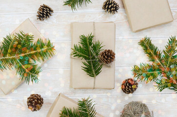 eco friendly merry christmas gift in craft paper wrapping, zero waste reusable concept, natural decor and sustainable lifestyle no people