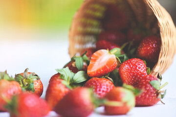 Fresh strawberries on basket, Red ripe strawberry on the nature background