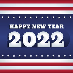 Vector greeting card. Abstract design, the colors and elements of USA flag. Text in a bold font: Happy New Year 2022. Retro styled banner. Square format.