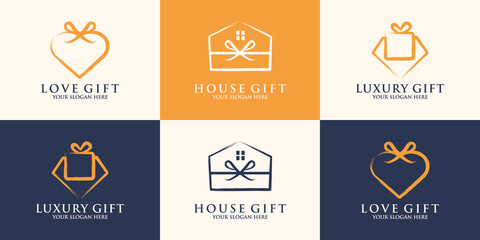 gift box house love combined with brush stroke logo concept