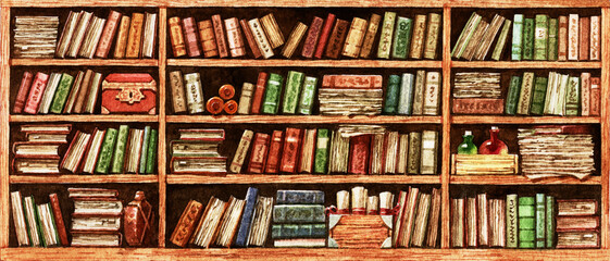 An old library painted in watercolor. Old books and scrolls on wooden shelves. Antique bookcase.