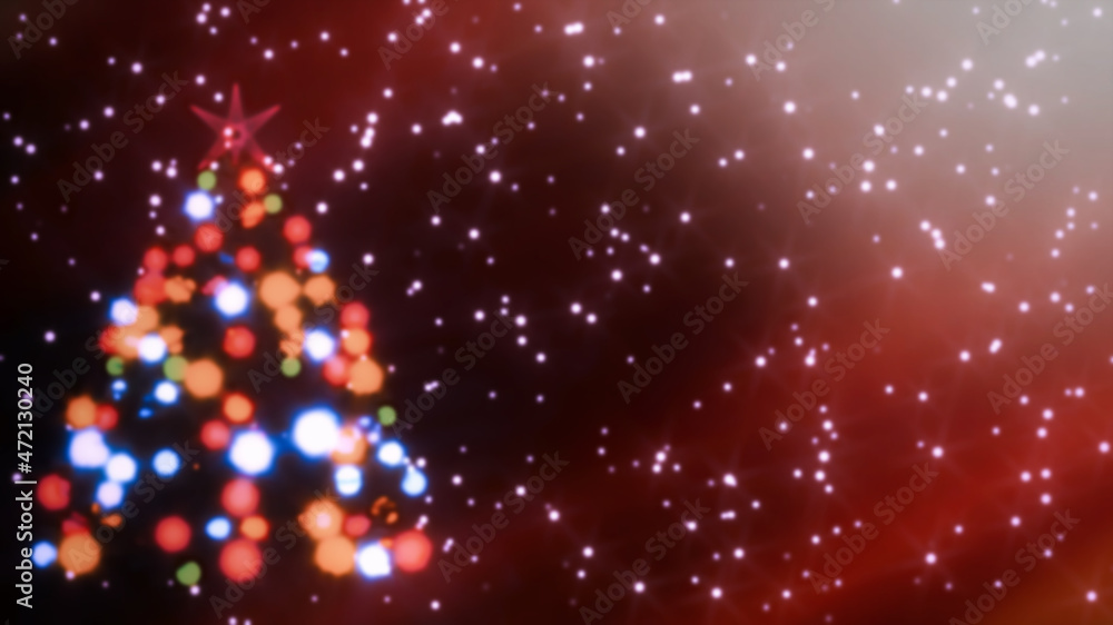 Poster an abstract christmas tree. colored bokeh. gradient, red background with stars. saturated colors. co