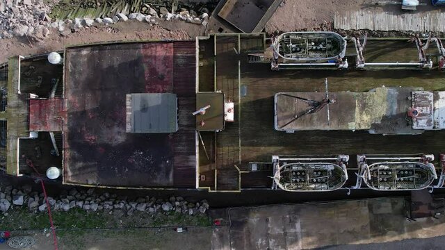 Deck of TSS Duke of Lancaster ship, aerial fly over top down view