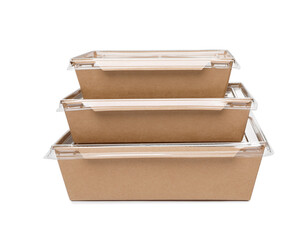 Stacked paper containers for food on white background