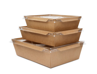 Stacked paper containers for food on white background