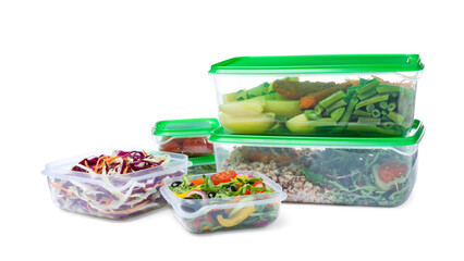 Plastic containers with fresh food on white background