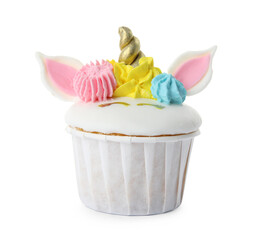 Cute sweet unicorn cupcake isolated on white