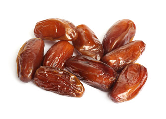 Heap of tasty sweet dried dates on white background