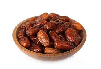 Sweet dried dates in bowl on white background
