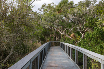 An elevated boardwalk over the salt marsh at Fort Mose Historic State Park. 