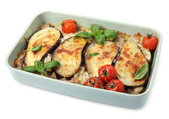 Delicious eggplant lasagna in baking dish isolated on white
