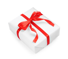 Beautiful gift box with red bow isolated on white