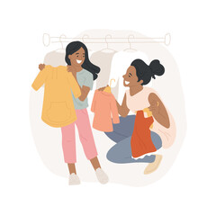 Buying kids clothes isolated cartoon vector illustration. Choosing clothes together, shopping mall, mom holding many girl dresses, happy daughter trying on, buying kids apparel cartoon vector.