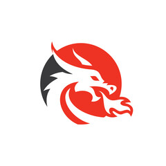 Dragon head silhouette, fire breath in a circle shape vector logo icon