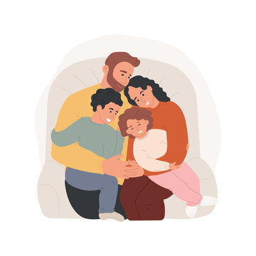 Family Hugs Isolated Cartoon Vector Illustration. Parents And Kids Hugging, Sitting On The Sofa, Children In The Middle, Family Happy Moment, Sharing Affection, Giving A Hug Cartoon Vector.