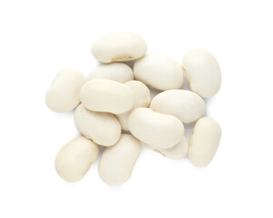 Fototapeta na wymiar Pile of uncooked navy beans on white background, top view
