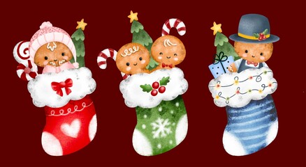 Set of gingerbread family in the Christmas socks 