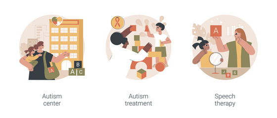 Kids with special needs help abstract concept vector illustration set. Autism treatment in learning disability center, speech therapy, development delay, behavior disorder analysis abstract metaphor. - obrazy, fototapety, plakaty