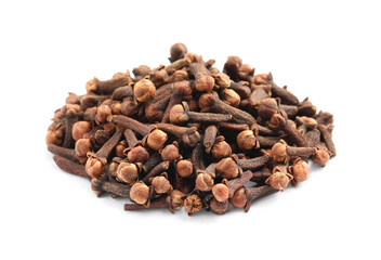 Pile of aromatic dry cloves on white background